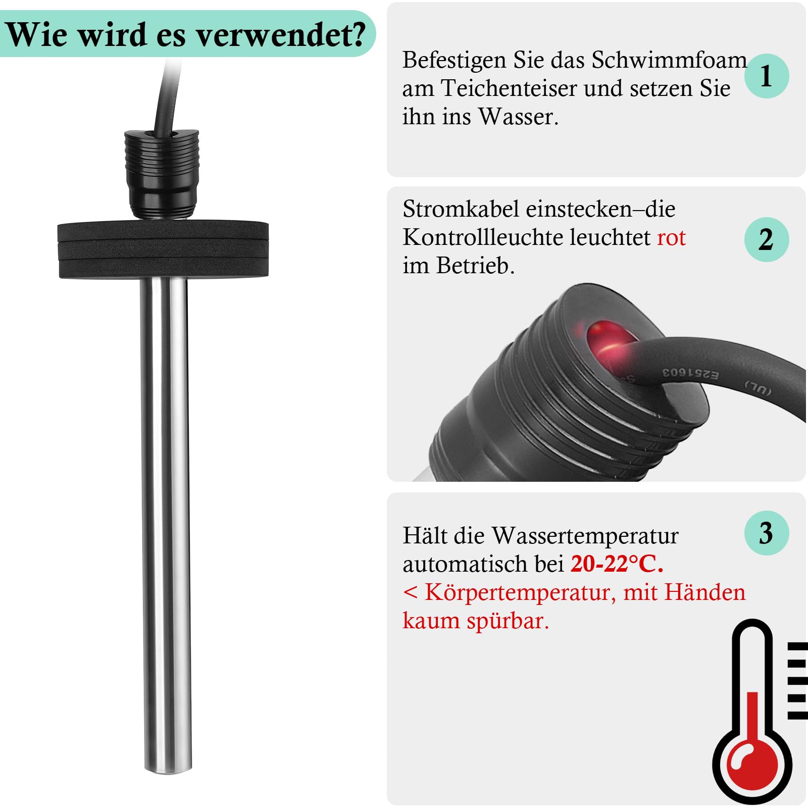 FEDOUR Teichheizung 150W - Eisfreihalter für Teiche, Koi-Teich, Gartenteichenteiser mit 5m Langem Kabel und Schwimmendem Schaumstoff