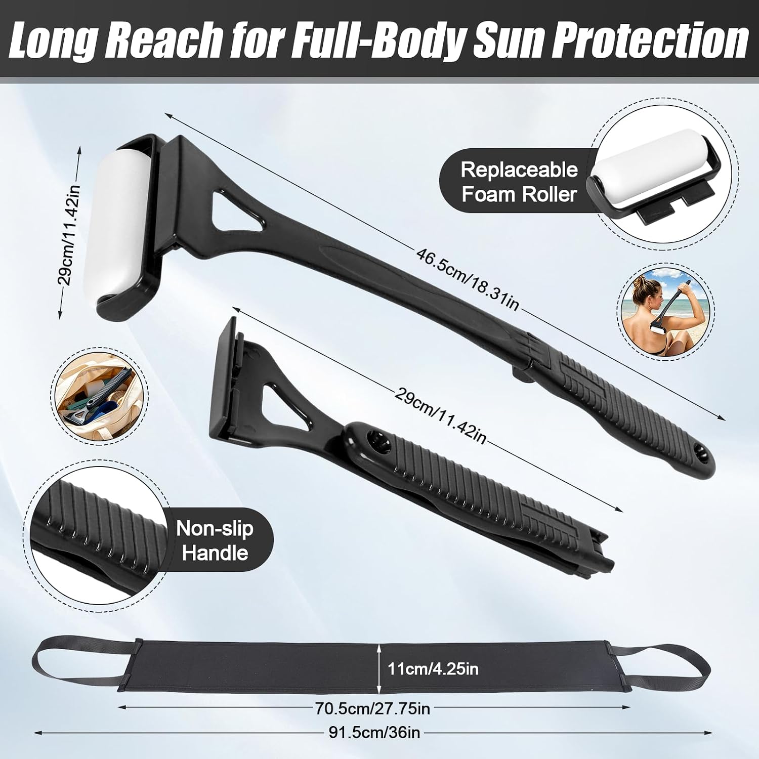 Sunscreen Applicator Set for Woman 18.3” Foldable Application Roller with 2 Reusable Rollers Self Tanner Back Applicator Strip Apply Lotion Cream Ointment Sunless Tanner Beach Essentials (Black)