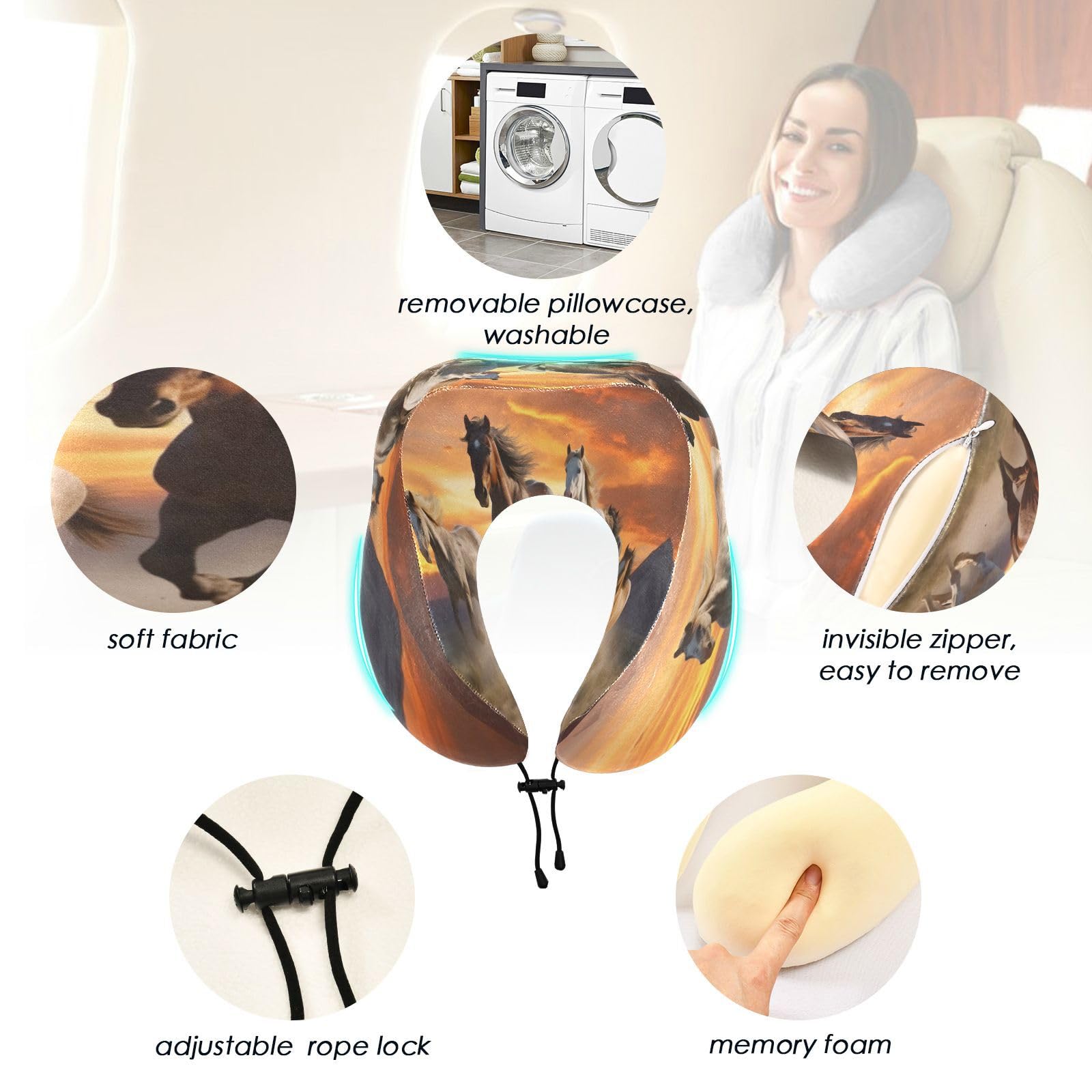 Nesatuwa Horse Travel Pillow Soft Memory Foam Neck Support Airplane Pillow with Adjustable Clasp Portable Travel Pillow