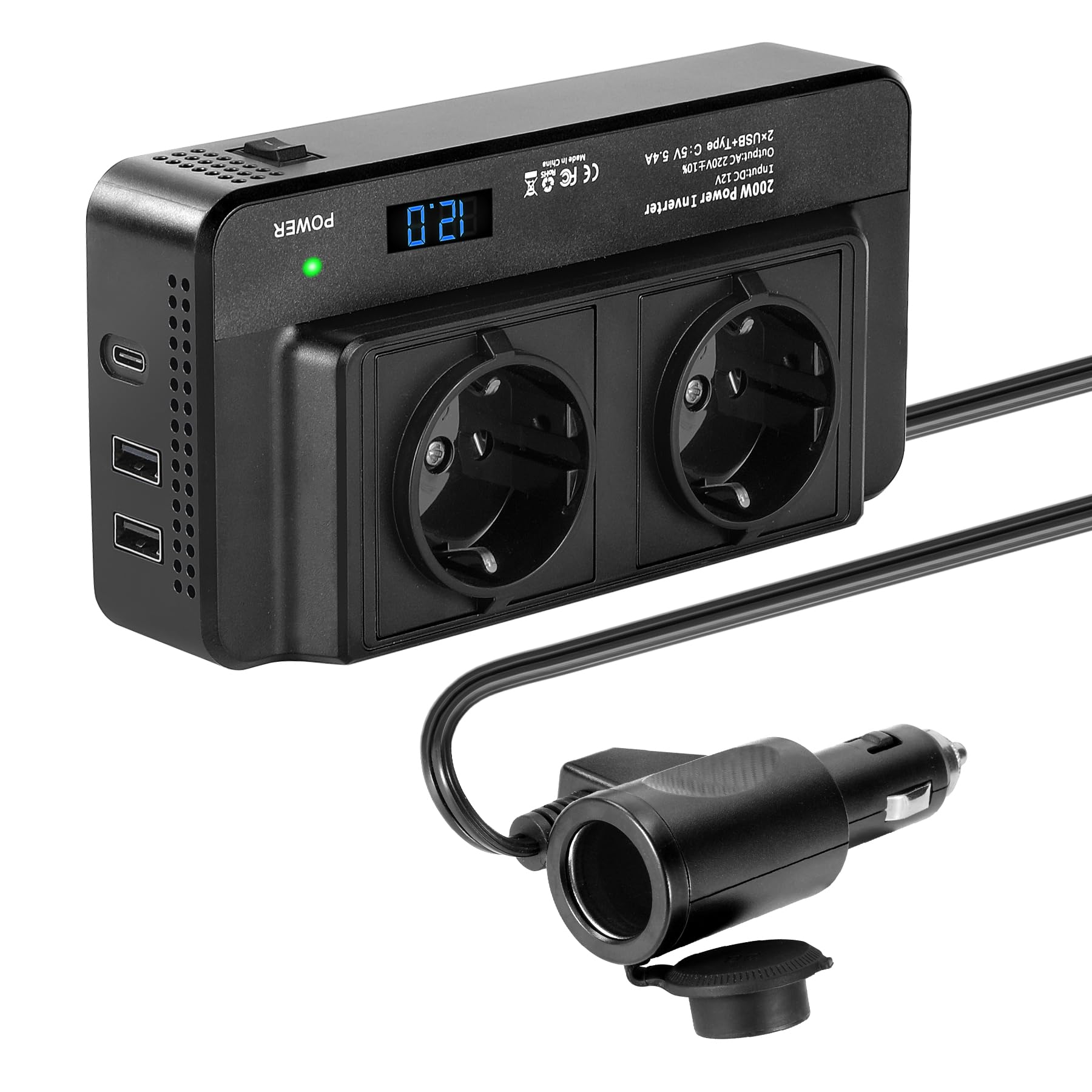 Inverter Auto 12V 220V 200W: Convertitore con 4 USB e 2 Prese AC Inverter Auto 12V 220V 200W: Convertitore con 4 USB e 2 Prese AC