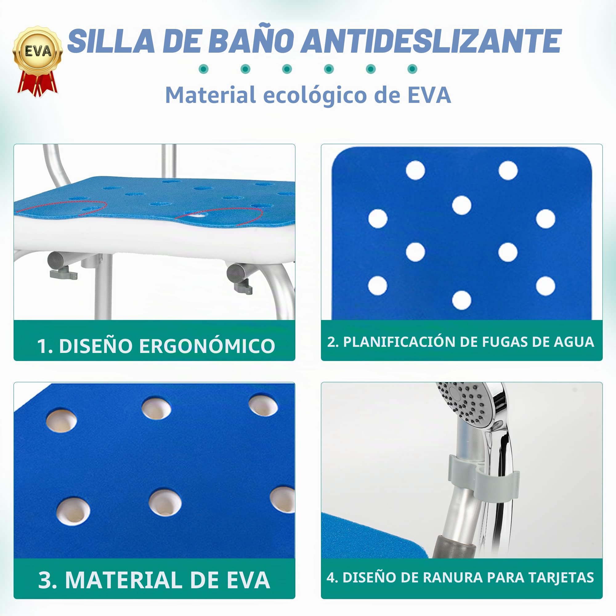 OUUTMEE Silla de ducha con reposabrazos y respaldo, taburete de ducha regulable en altura con 6 posiciones, color azul