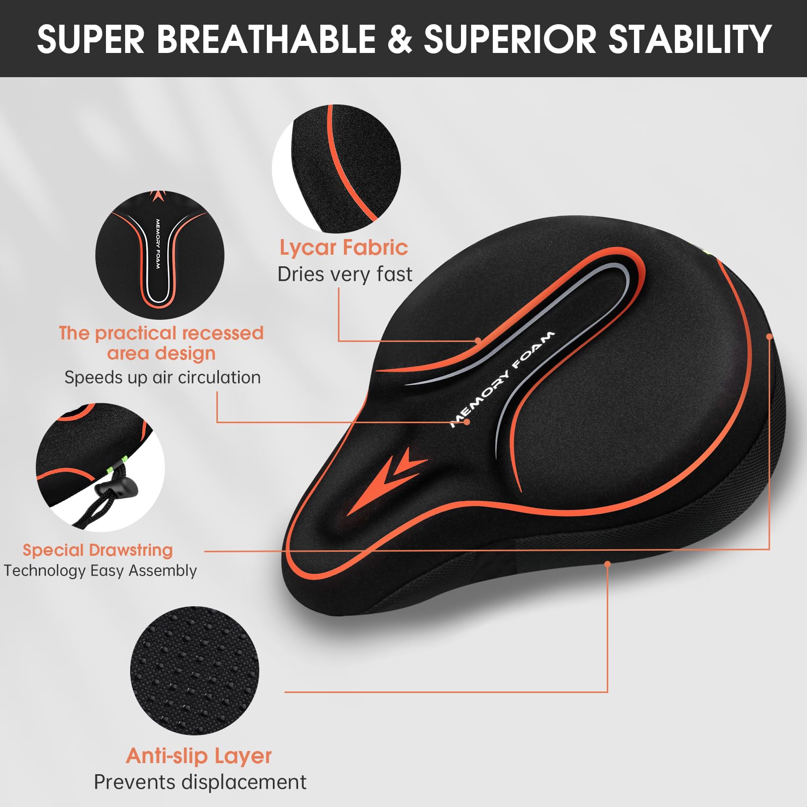 MSDADA Housse de siège de vélo en Mousse à mémoire de Forme rembourrée, Coussin de vélo Doux pour Homme et Femme, Accessoire de vélo Confortable pour vélo, extérieur et intérieur (Orange)