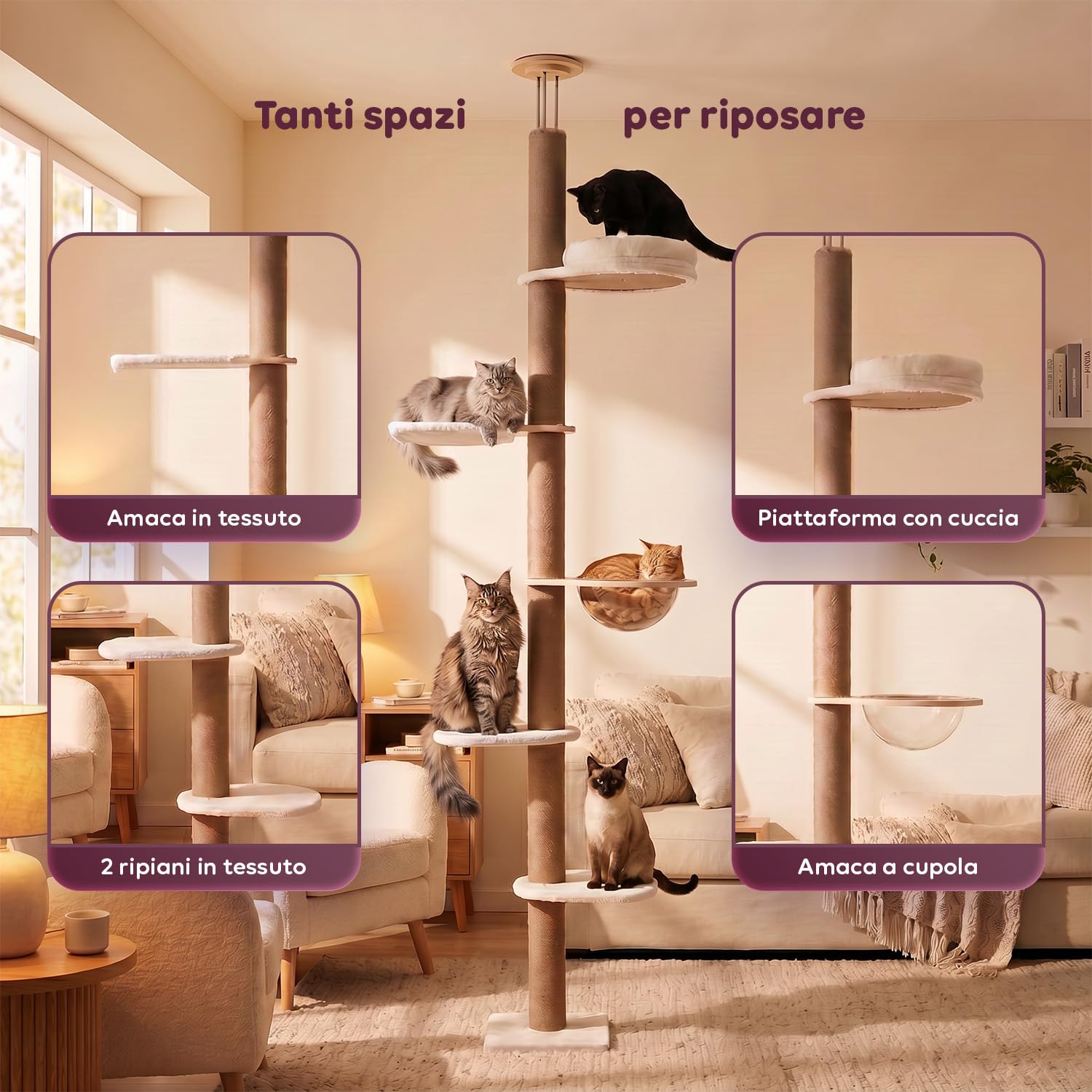 Avilia - Arbre à chat au plafond réglable 260-300 cm – Tour verticale gain de place pour chats avec hamac en dôme et niche – Arbre à chat en bois et jute naturelle – Design colonne