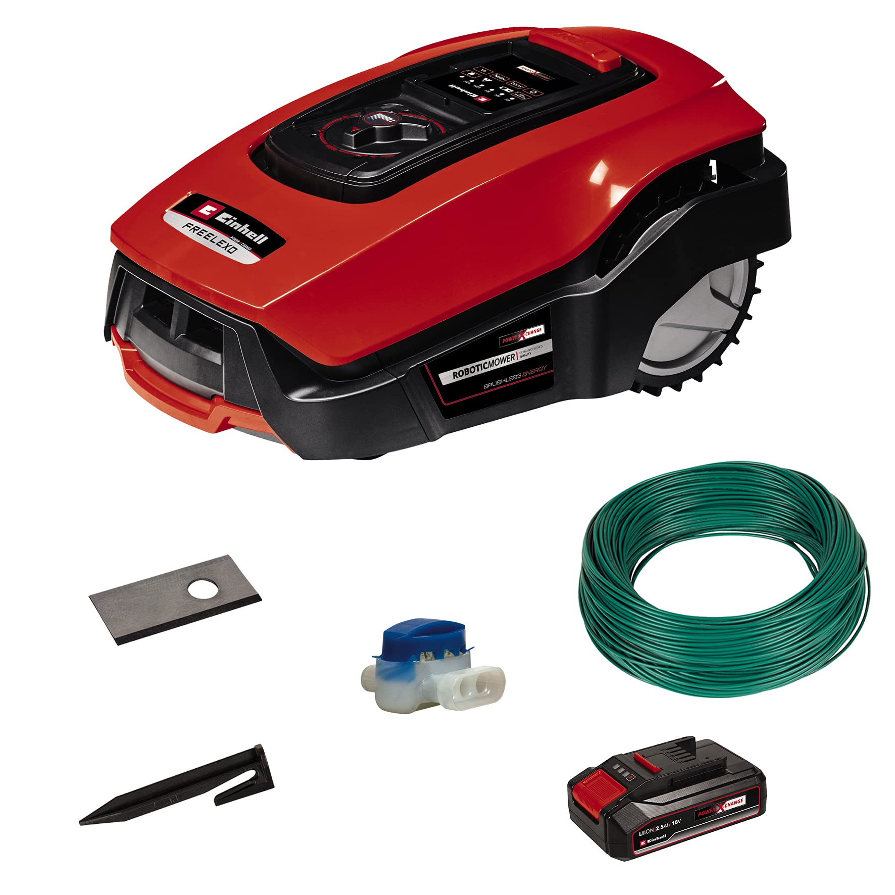 Einhell Robot cortacésped FREELEXO 600 BT (hasta 600 m², cortacésped multizona, App Bluetooth, Incl. Batería PXC de 2,5 Ah, 140 m de Alambre, 200 Ganchos, 3 Cuchillas, 4 bornes)