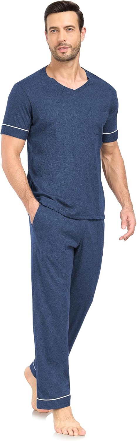 COLORFULLEAF Mens 100% Cotton Pajamas Set Short Sleeve V-Neck Sleepwear Soft Loungewear Pjs with Pockets - Image 2