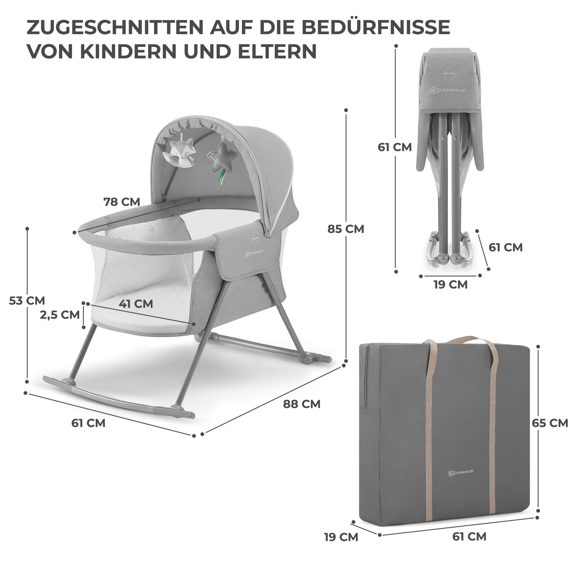 kk Kinderkraft Kinderkraft Kinderbett 3 in 1 lOVI, Kinderreisebett, Stubenwagen, Babywiege, Baby Wippe, Zusammenklappbar, Einfach Transport, mit Zubehör, Tasche, Moskitonetz,von Geburt bis 9 kg, Grau