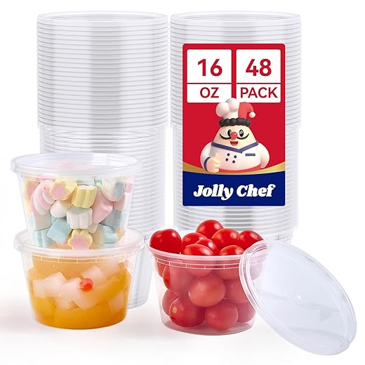 JOLLY CHEF Deli Food Storage Containers with Lids 16 OZ 48 Set, Slime, Soup, Meal Prep Containers, BPA Free,Microwavable, Freezer Safe,Takeout Meal Prep Storage