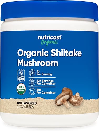 Nutricost Polvo orgánico de hongos Shiitake de 8 onzas, certificado 100% orgánico, sin gluten, sin OMG
