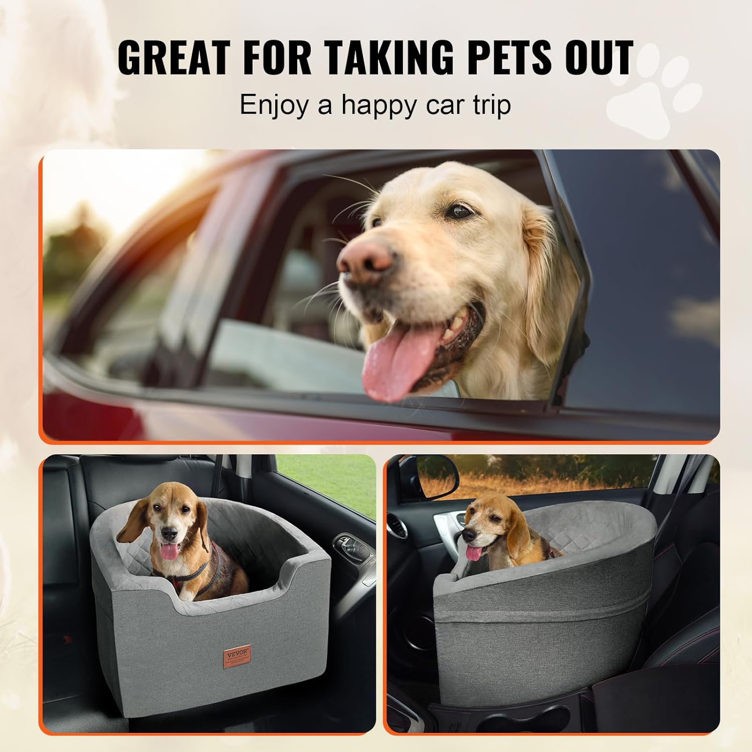 VEVOR Dog Car Seat, Waterproof Dog Booster Seat for Car with a Storage Pocket, Clip-On Safety Leash and Sponge Filling, Pet Bed for Small & Medium Dogs up to 55lbs, Gray