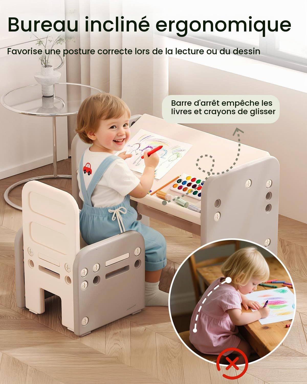 Table et Chaise pour Enfants, Table d’Activités avec Plateau Incliné pour Dessiner, Lire, Écrire et Jouer(Gris)
