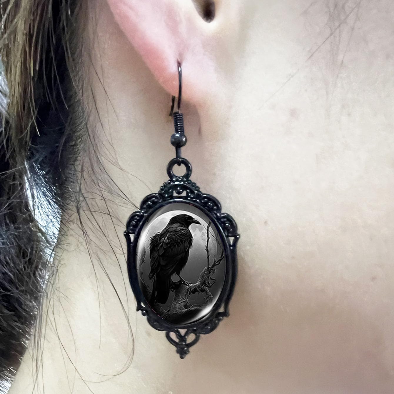 Halloween Jewelry Set for Women Gothic Cameo Necklace Earring Set Vintage Black Velvet Bat/Raven/Witch Glass Pendant Necklace Earrings Victorian Vampire Costume Accessories - Image 4