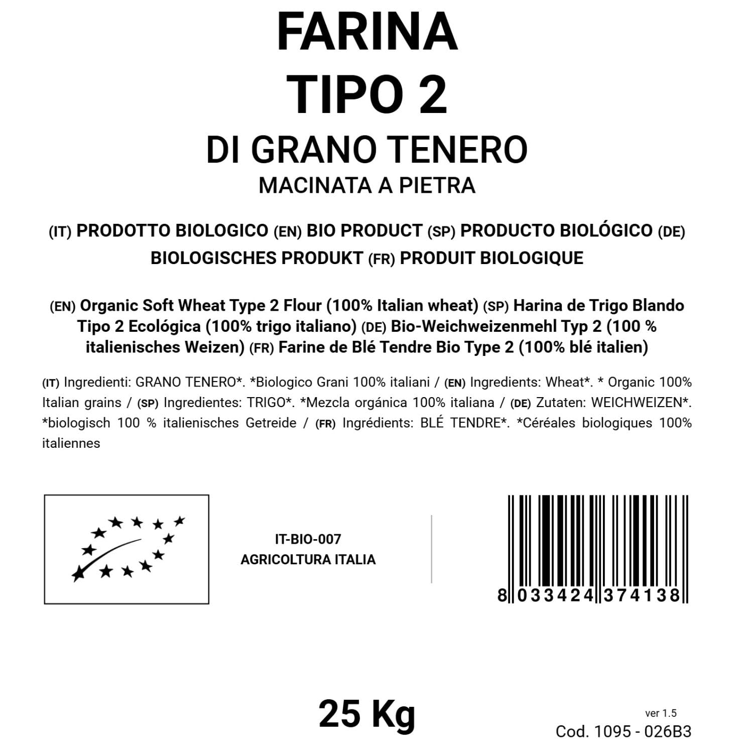 BONGIOVANNI Farine e Bontà Naturali Farine de Blé Tendre Type 2 Biologique (100% Grains Italiens) 25 kg
