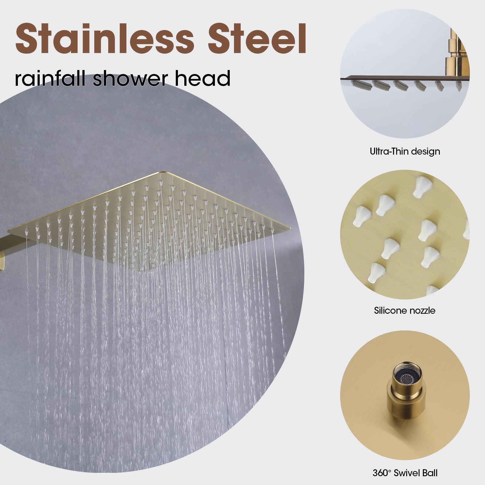 Soffione doccia quadrato da 30 cm, in acciaio inox SUS 304, design ultra sottile, per aumentare la pressione, ad alta pressione, ad alto flusso, a pioggia, oro spazzolato opaco