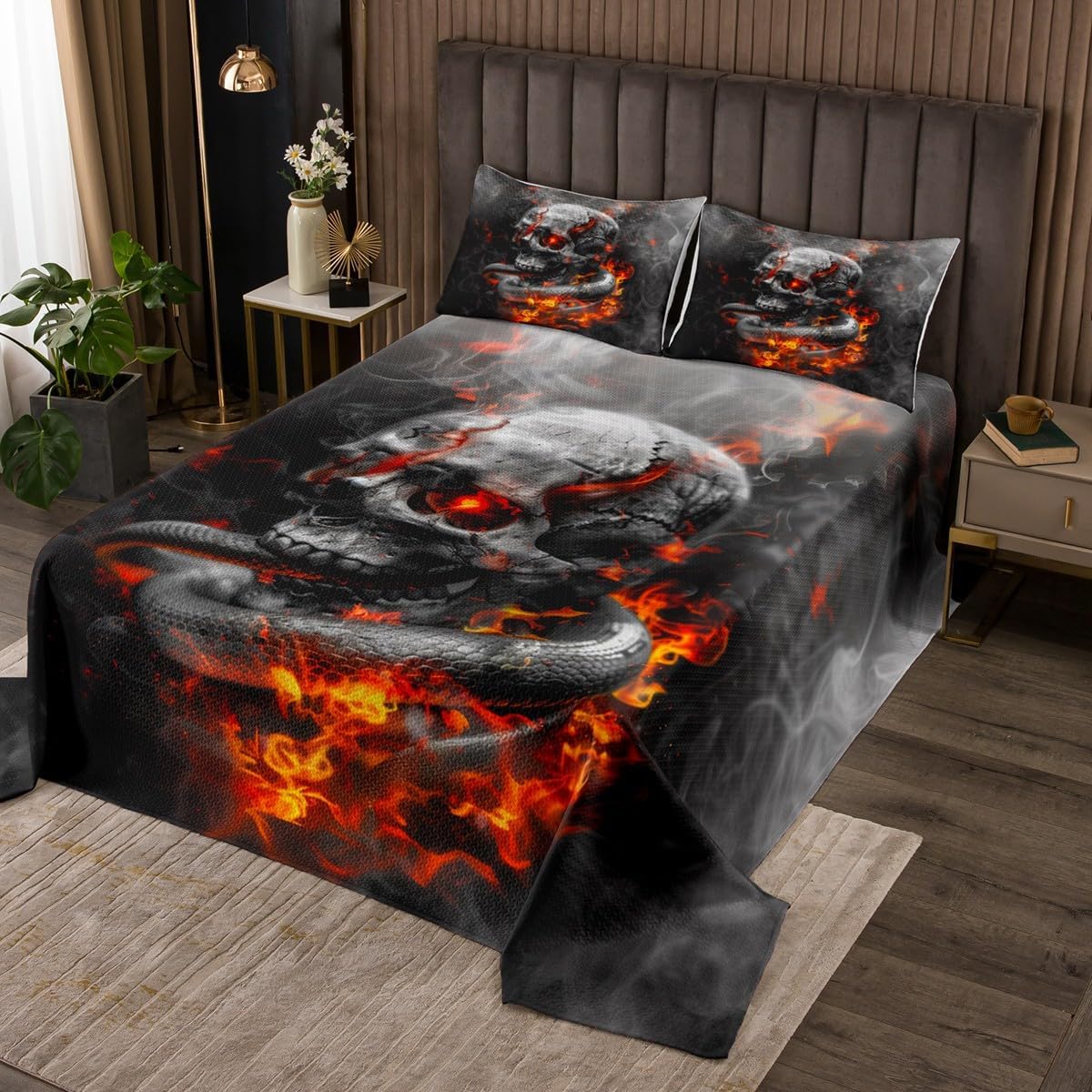 Trippy Sugar Skull Bedspread Twin Size,Flame Snake Bedding Set 2Pcs for Kids Girls Boys Teens Room Decor,Grey White Foggy Print Comforter Set Cool Wild Animals Quilt Coverlet,1 Pillowcase
