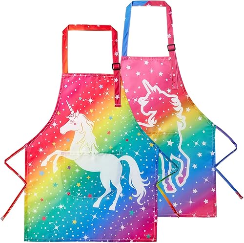 Lictin Paquete de 2 delantales para niños y niñas para cocinar, delantal de arte impermeable con bolsillos para niños, pintar, cocinar, hornear