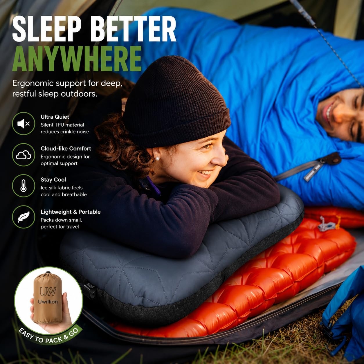 UWILLION Almohada inflable de camping con funda extraíble, almohada inflable ultraligera, ligera, ergonómica y lavable para camping, senderismo y viajes, color gris