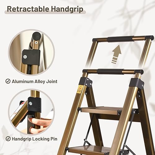 Miniatura 26 de XinSunho Escalera de 3 escalones, taburete de aluminio de 3 escalones con pasamanos retráctiles y pedal ancho antideslizante, escaleras plegables