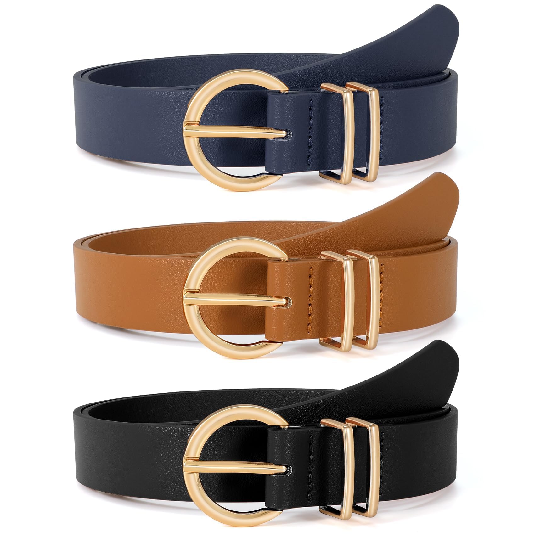 VONMELLI 3 Pack Women's Leather Belts for Jeans Dresses Ladies Waist Belt with Fashion Gold Buckle