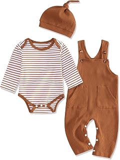 oklady Baby Boy Clothes Stripe Pattern Print Romper Top and Baby Overalls with Hat 0-18 Months Baby Boy Outfits