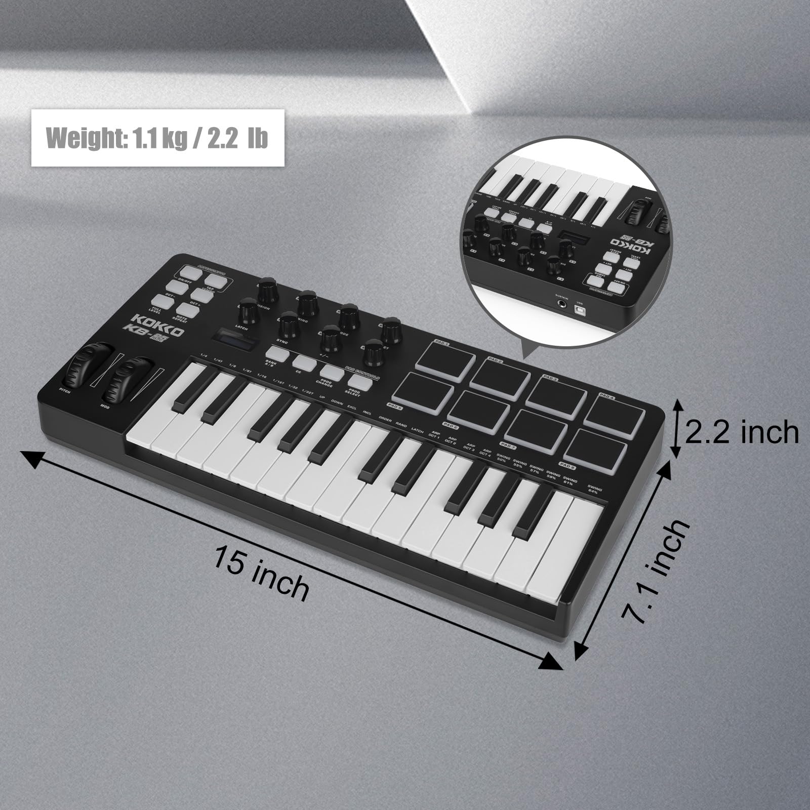 AZOR KOKKO MIDI Keyboard, Mini KB-25 25 Key MIDI Controller mit 8 hintergrundbeleuchteten Drum-Pads, 8 Reglern und Pitch Bend Wheel, Modulationsrad für Musikproduktion, Cubase LE Software enthalten