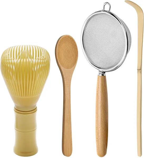 Solaradgy 4 Pcs Matcha Whisk Set, Food Safe Resin Matcha Whisk for Tea Lovers Traditional Tea Brewing Tool with Teaspoon, Spoon and Stainless Steel Sieve (4 Items)