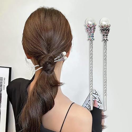 Miniatura 3 de Yueton paquete de 2 palillos para cabello vintage con diamantes de imitación, horquillas para moño