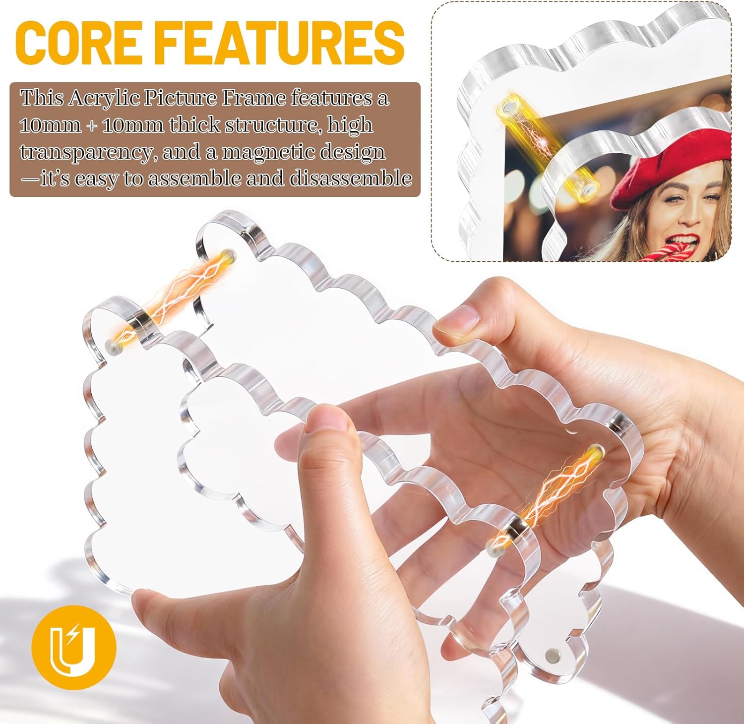 3 Sets 4x6 Acrylic Picture Frame 10+10mm Thick Block Double Sided Magnetic Picture Frame Frameless Clear Picture Frames Acrylic Photo Scalloped Frames Freestanding for Desktop Display