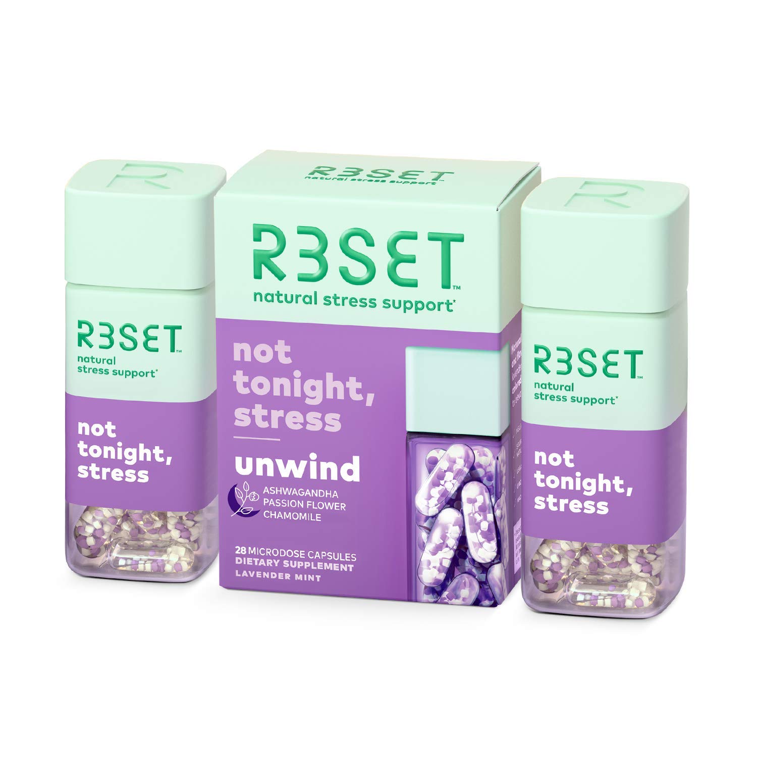 R3SET Unwind & Restore Nighttime Stress Relief & Sleep Aid Support, Melatonin-Free Daily Supplement– Ashwagandha, Chamomile, Valerian Root, Lemon Balm, GABA, 5-HTP, Vitamin D3, 28 Capsules