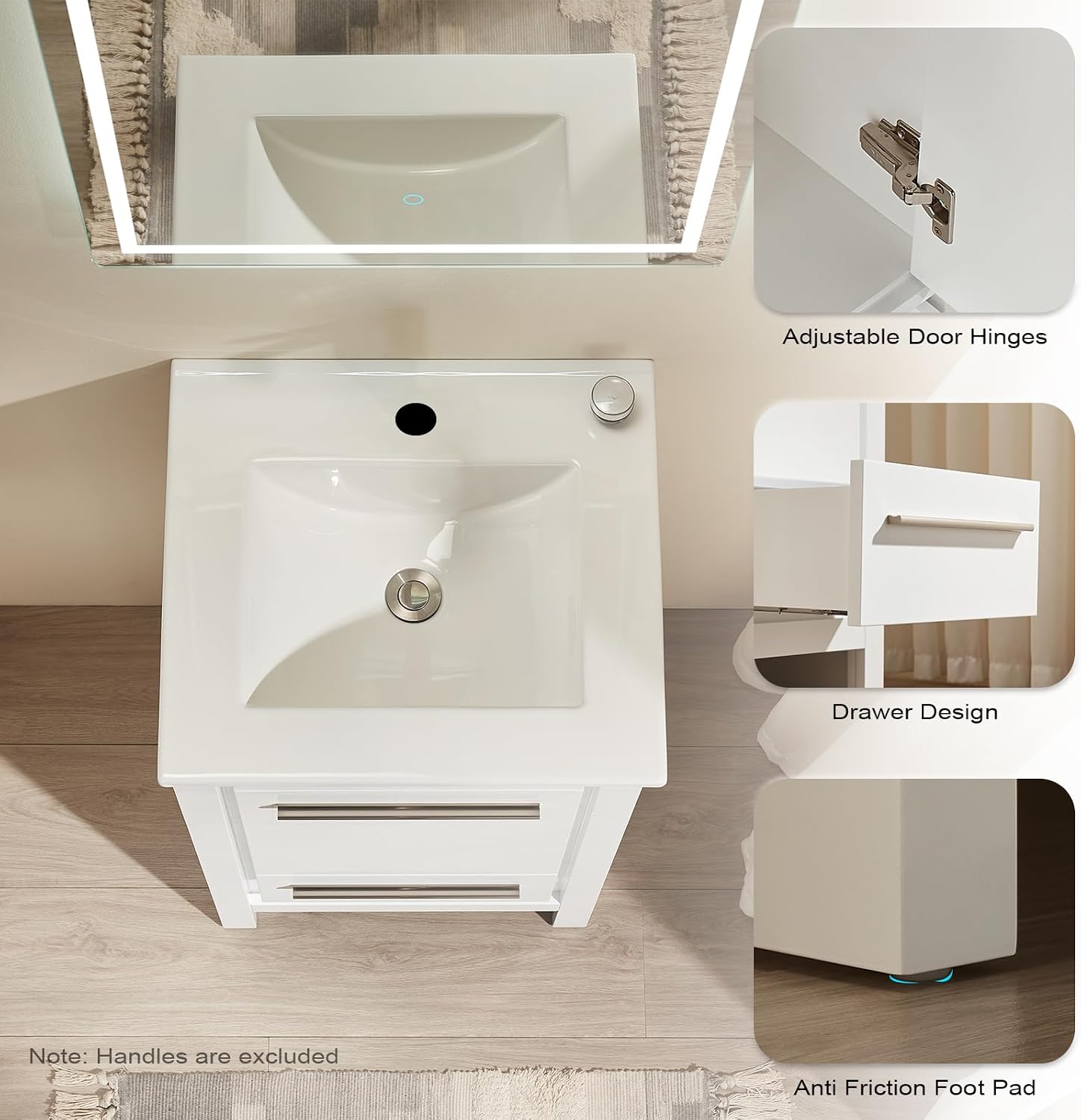 Bathroom Vanity with Ceramic Sink, Gloss White PVC Bathroom Vanity Pre-assembly, Soft Close 1 Door and 1 Drawer, 19”W x 34.25"H x 21"D Cabinet, Combo (White, Unframed LED Mirror, Under Sink)