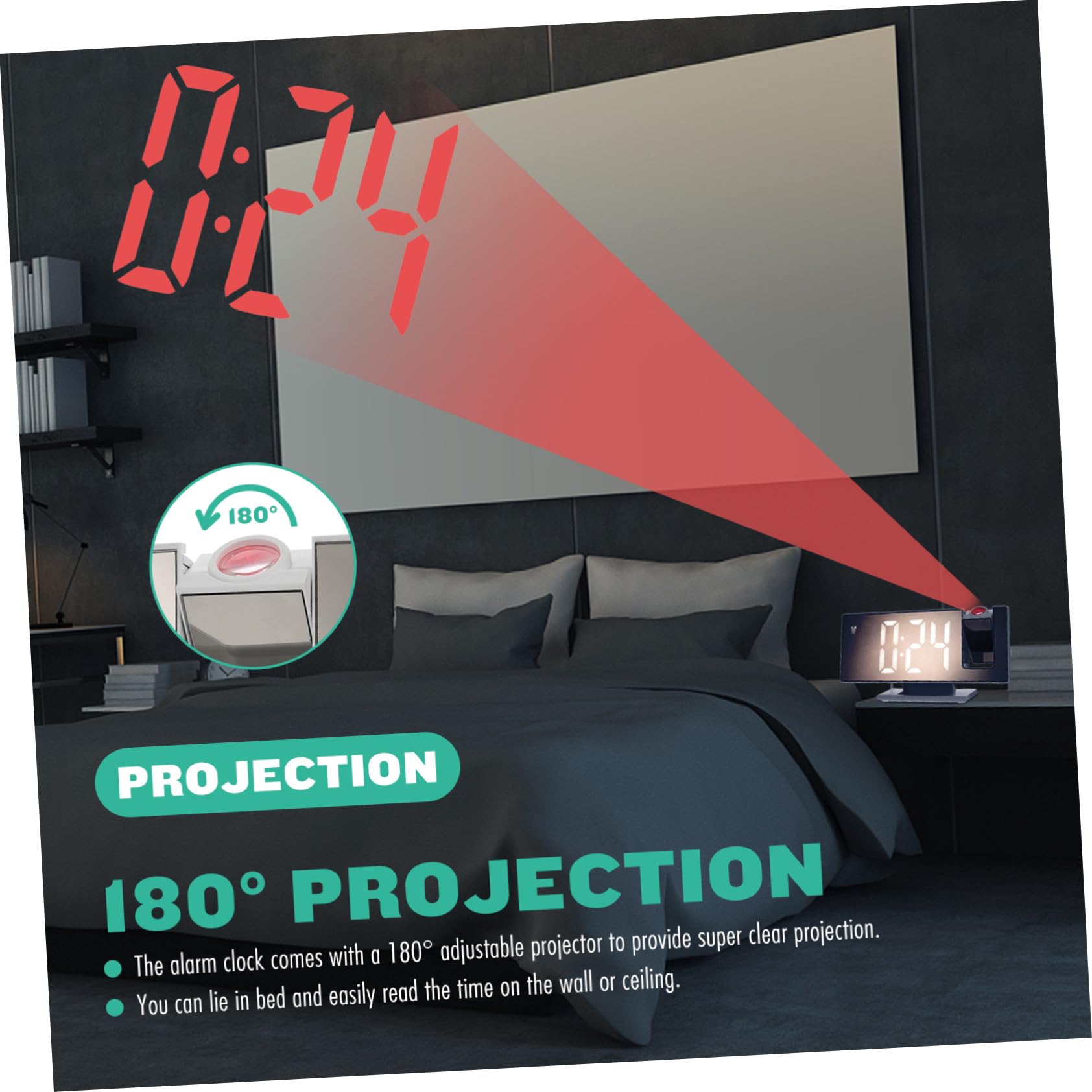 Reloj Despertador Digital con Proyector de Techo Pantalla Espejo Grande Función Silenciosa y Repetición Diseño Compacto para Dormitorio