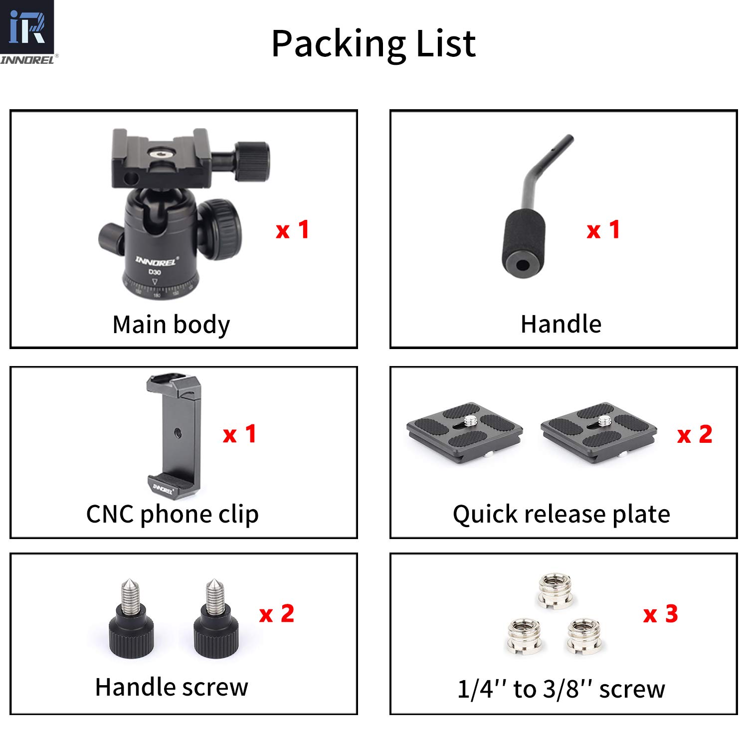 INNOREL D30 Testa per Treppiede Sferica Panoramica Interamente in Metallo CNC ， Con Maniglia e Clip per Telefono, per Monopiede, DSLR, Videocamera, DV, Telescopio ， Carico Massimo 22 libbre / 10 kg