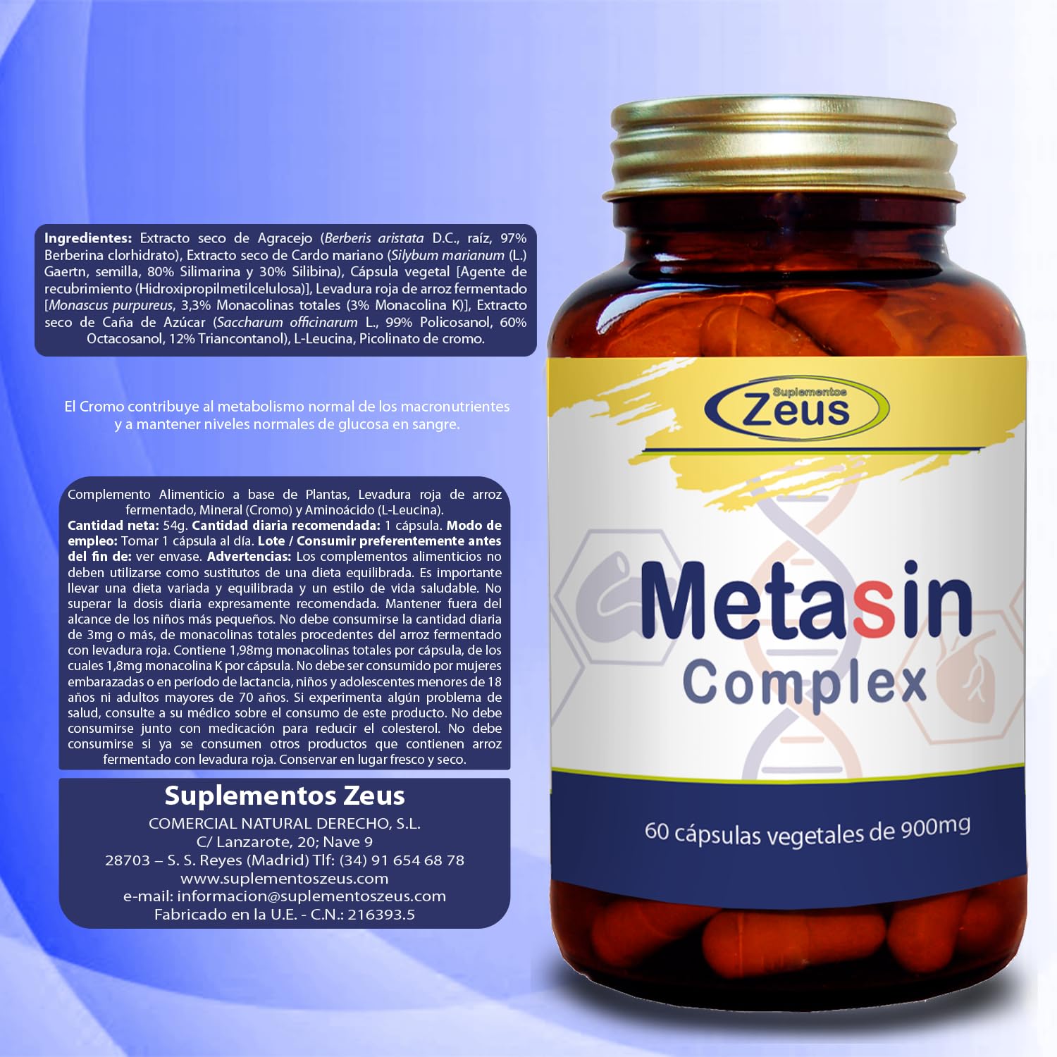 METASIN COMPLEX Contribuye al metabolismo macronutrientes y a mantener niveles normales de glucosa, Complemento Alimenticio a base de Plantas, Levadura roja de arroz, Cromo y L-Leucina 60 Cps VEG