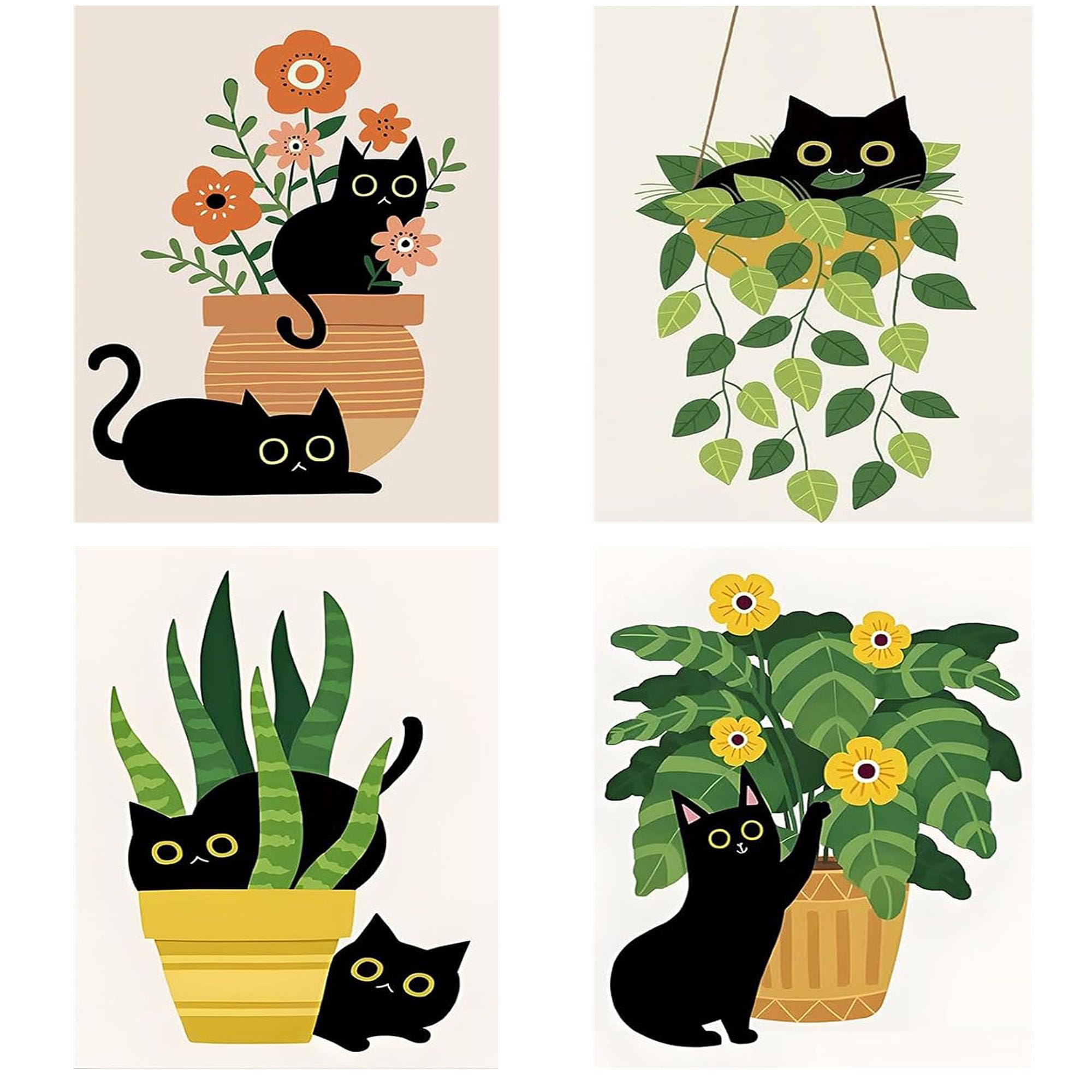 Nznanchu Black Cat 4 Pack Plant Paint By Number For Adult,Cat Diy Painting Kits For Adults,Color By Numbers,Paint By Number Canvas Crafts Watercolor For Beginners Hoom Decor