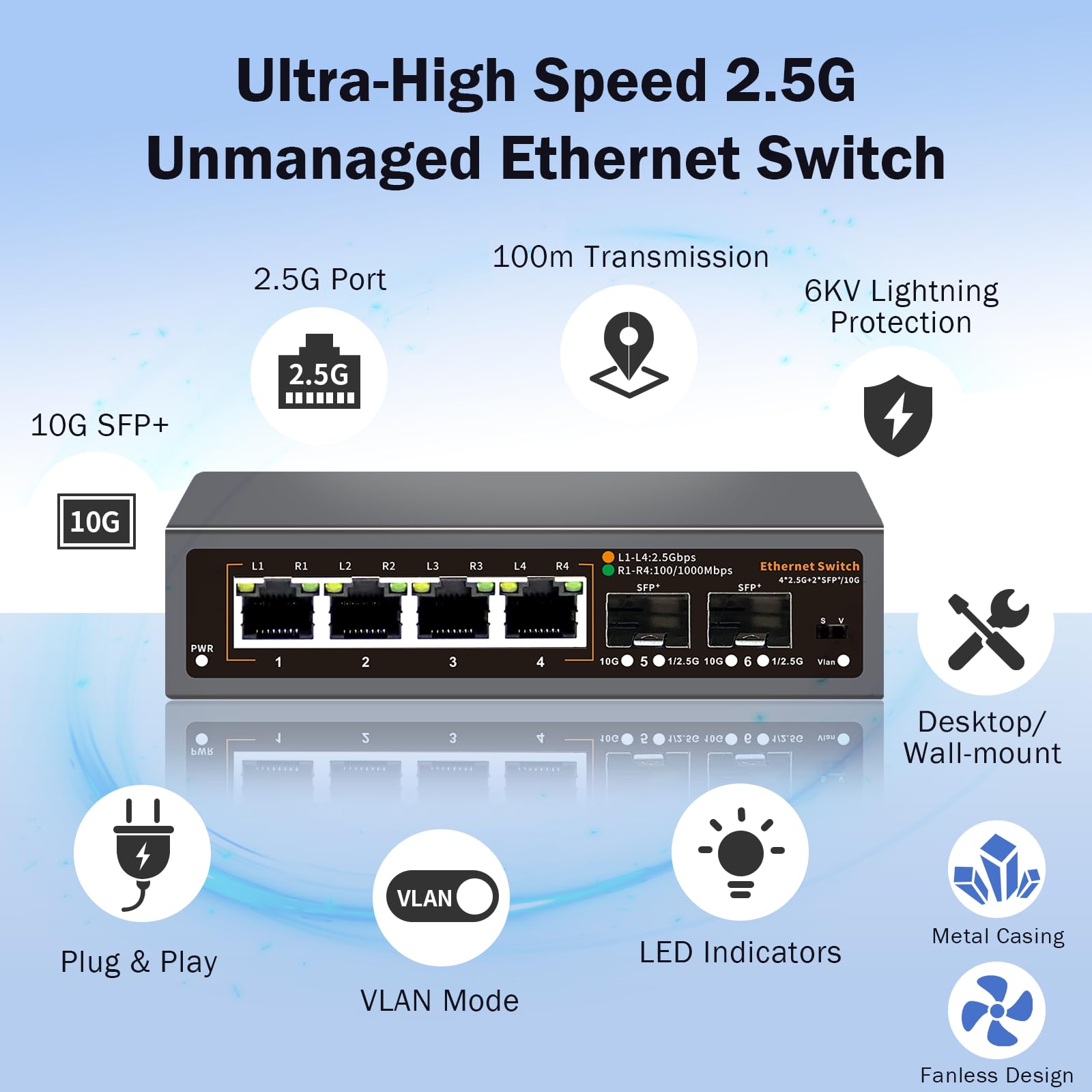 Commutateur Ethernet non-géré 2,5G à 6 ports, 4 x ports 2,5G Base-T, 2 x SFP 10G, pour 100/1000/2500Mbps, VLAN, commutateur réseau 2,5G sans ventilateur, design de bureau/montage mural pour NAS/PC (6)