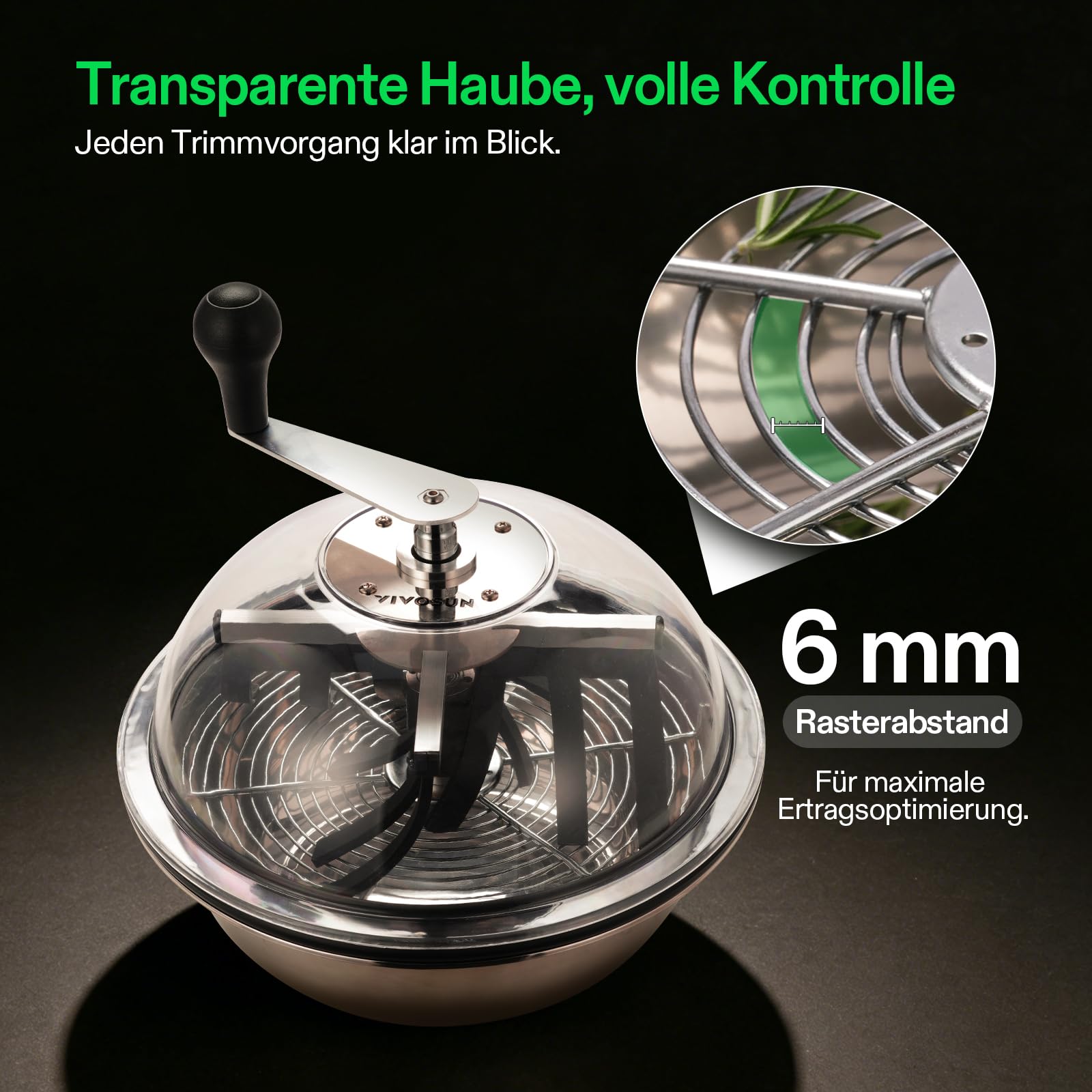 VIVOSUN 33 cm Bud Leaf Bowl Trimmer, manueller Spin-Cut-Ernteschneider mit transparenter Kuppel und Edelstahlklingen, Metallgetriebe inkl. Handschere, ideal für Indoor-Grow, Hydrokultur & Garten