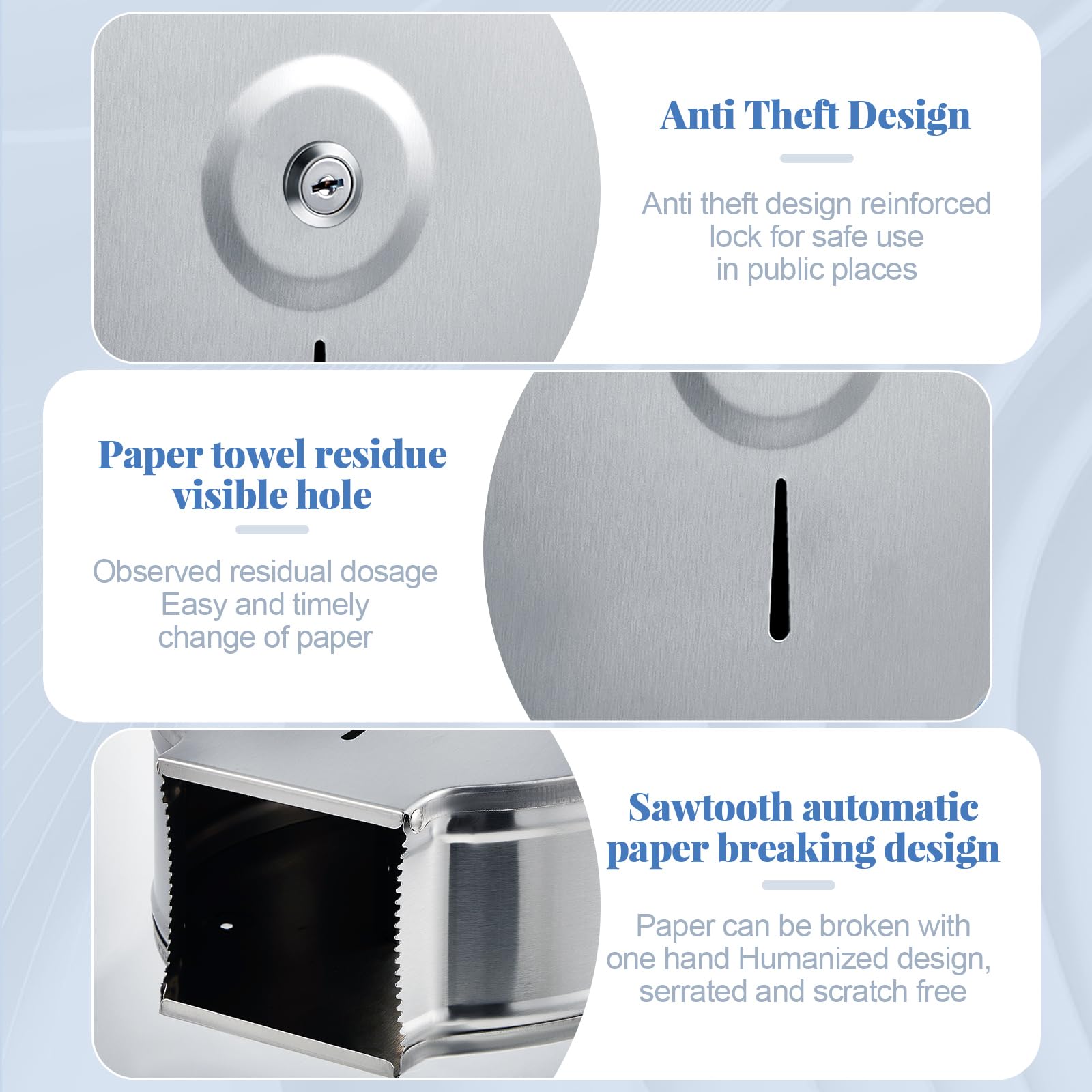 Mifoci Dispensador de papel higiénico comercial de 2 piezas, soporte de pared de acero inoxidable, dispensador de papel higiénico comercial jumbo para rollo de papel higiénico de 9 pulgadas para