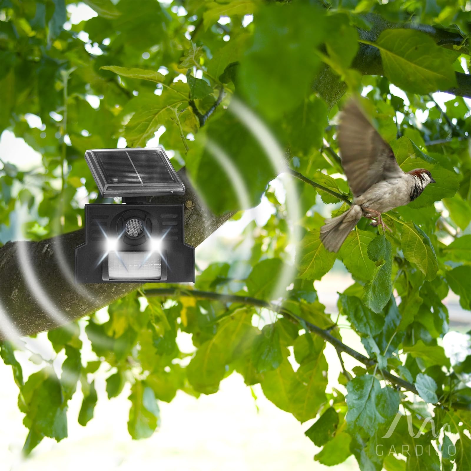 GARDIGO® Répulsif Solaire d'oiseaux à Ultrasons | Épouvantail Électronique avec Lumière Clignotante | 23-50 kHz | Portée de 110° et 7m | Effaroucheur pour Oiseaux et Pigeons pour Balcon et Jardin