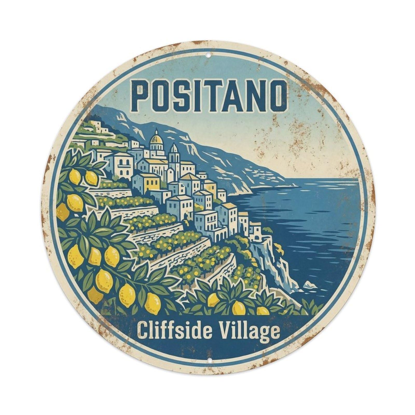 Mediterranean Positano Coastal Route Vintage Classic Metal Tin Sign Plaque Wall Decor for Cafe, Man Cave, Club Bar, Office, Home Garden Round Metal Poster 8x8Inch
