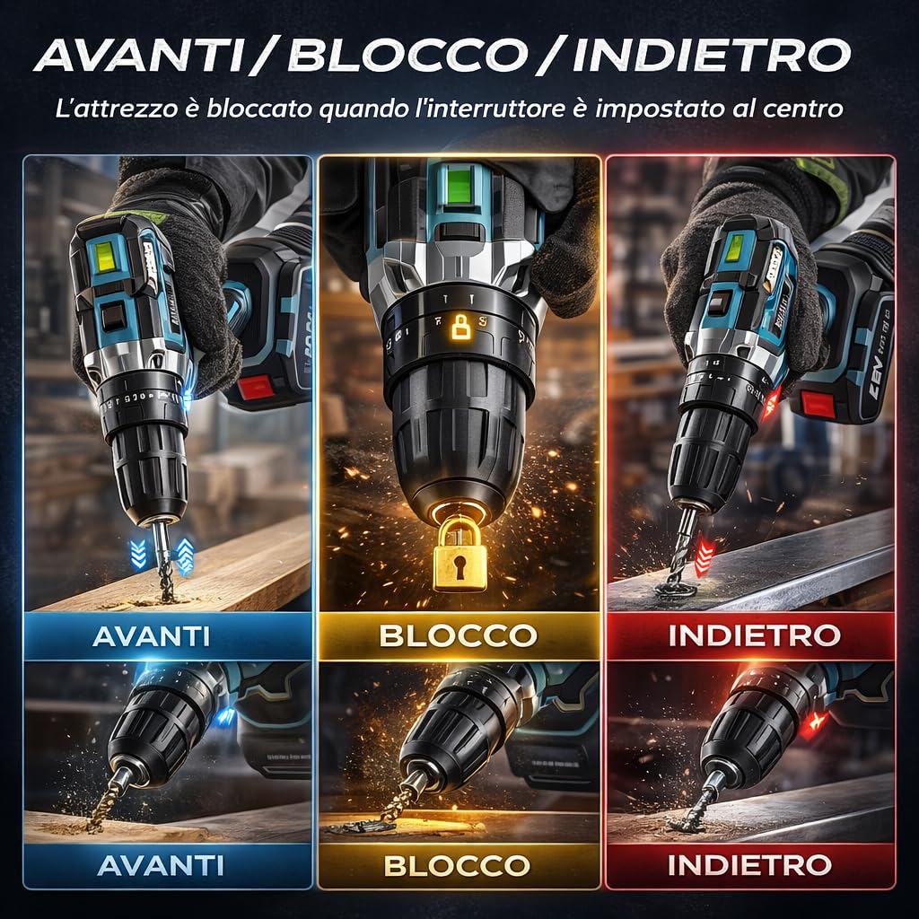 Trapano Avvitatore a Batteria 48V MAX Professionale, 2 Velocità 0-2350 RPM, 25+3 Coppie, Mandrino Autoserrante, Luce LED, Kit Completo con Valigetta e Accessori