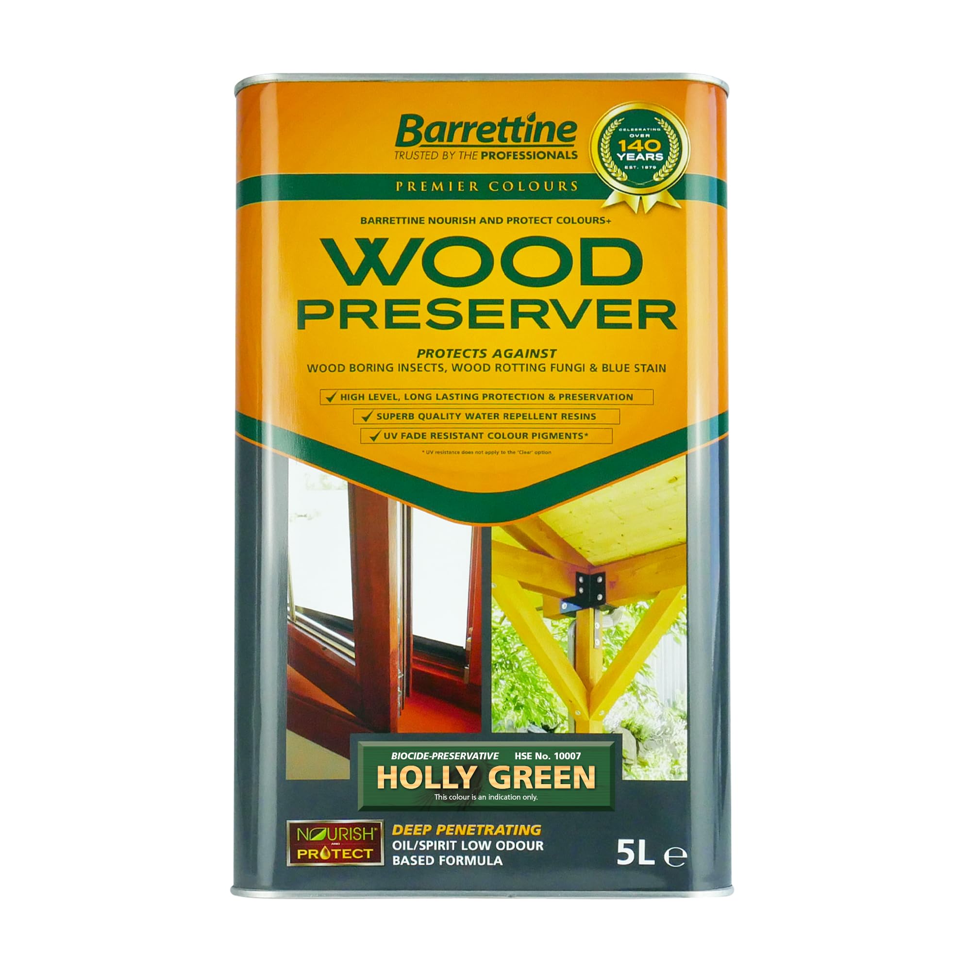 Barrettine Wood Preserver (Holly Green, 5L) - UV Fade Resistant, Durable & Water Repellent Premier Wood Preserver, Deep Penetrating, Low Odour & Oil Based, Suitable for Outdoor & Indoor Use