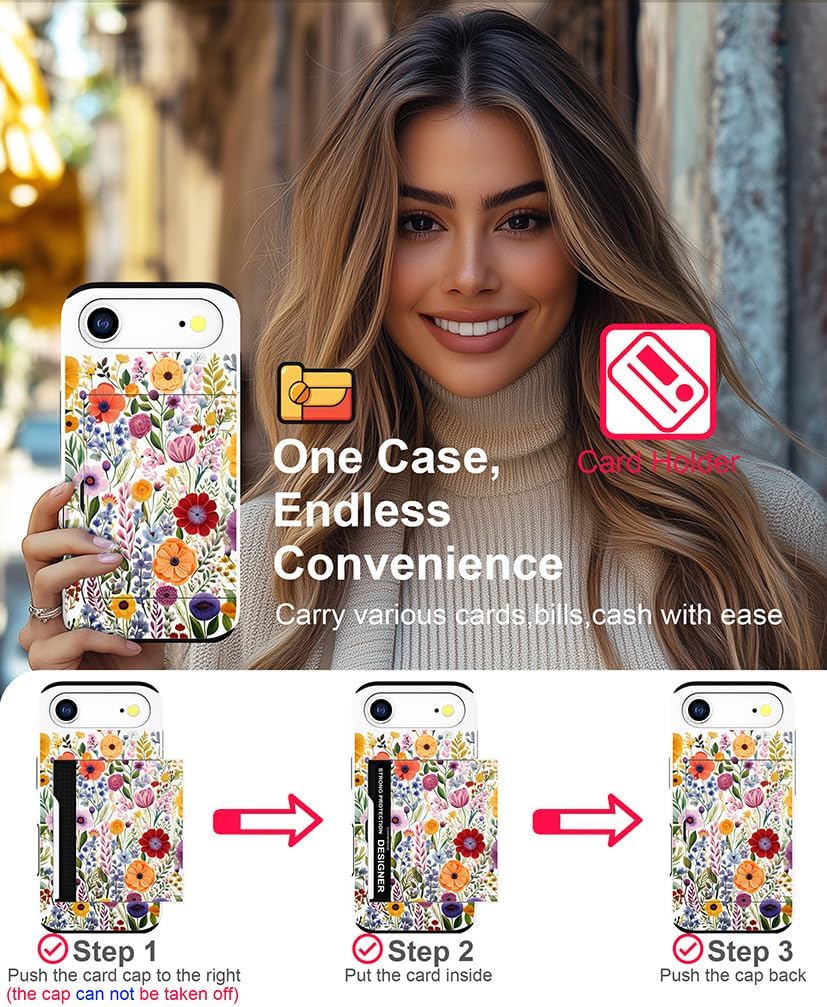 Compatible with iPhone 17 Air Case Wallet Cute for Women with Design,Rugged Credit Card Holder Slot Protective Phone Skin Cases Girly Design (Red Vibrant Colorful Flowers) - Image 3