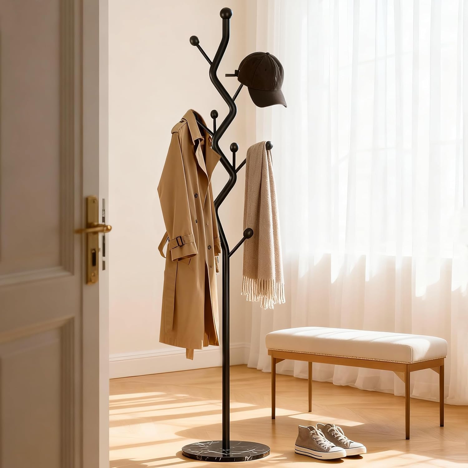 Structoline 68.9 Inch Tall Modern coat Rack,Black Freestanding coat Rack Tree,Heavy-Duty Metal Coat Rack Stand with Sturdy Marble Base for Entryway,