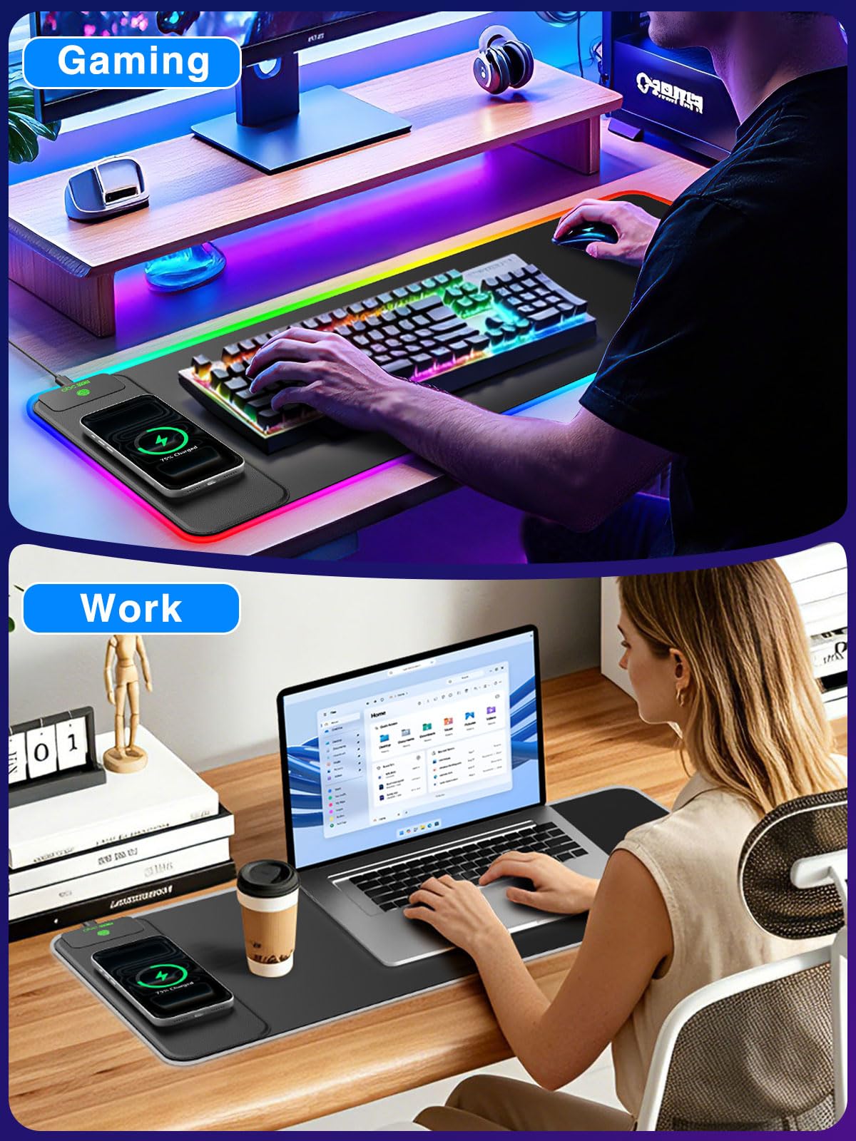 Tappetino per mouse RGB con ricarica wireless magnetica, 80 x 30 cm, grande tappetino da scrivania a LED, 24 effetti di luce, base in gomma antiscivolo, superficie ultra liscia impermeabile