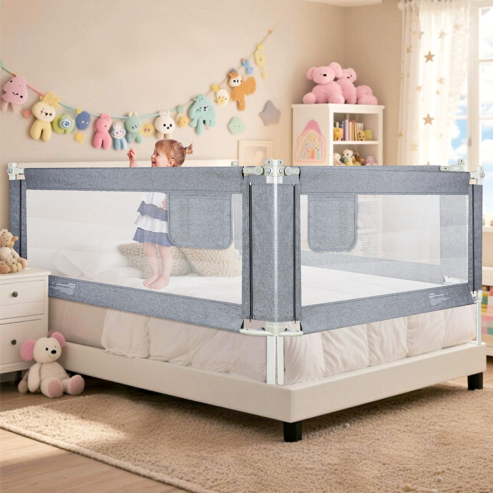 barrière de lit 70-93cm – modèle Vertical à Hauteur réglable 28 Niveaux, Longueur 180cm, pour Matelas Jusqu’à 30cm, Fixation Simple par Sangle en Y