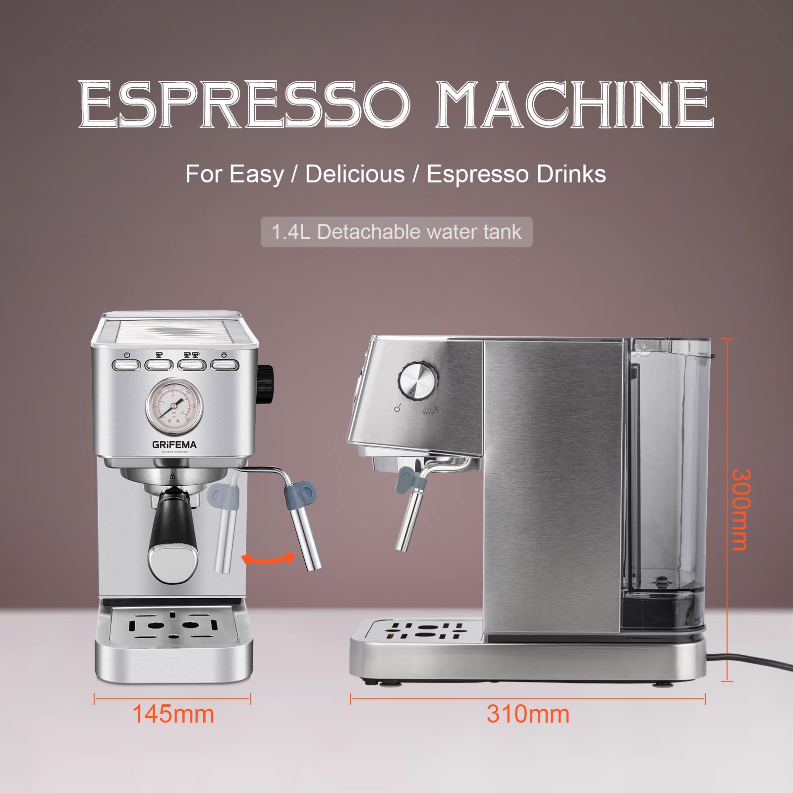 GRIFEMA GC3003 Caffettiera 1.4L, Braccio filtrante con doppia uscita e due filtri, pressione 20 Bar,Caffettiera Elettrica per Espresso e Cappuccino Argento