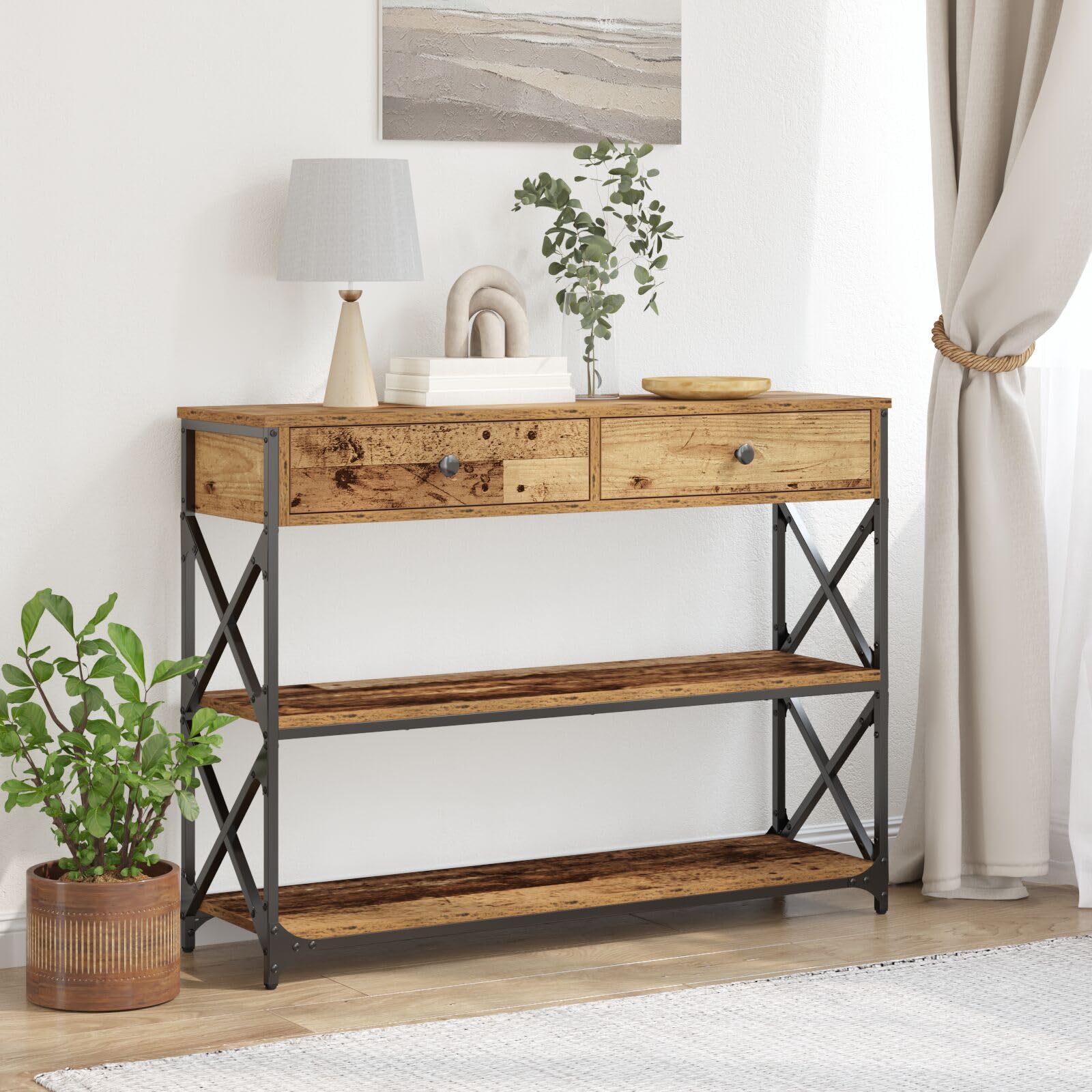 Brokky 863527 Tavolo Consolle Legno Vecchio 100x28x75 cm Legno Ingegnerizzato & Acciaio Tavolo da Console con Ripiani,Tavolino Vintage,Mobile Ausiliario in Legno,per Soggiorno,Ingresso,Corridoio