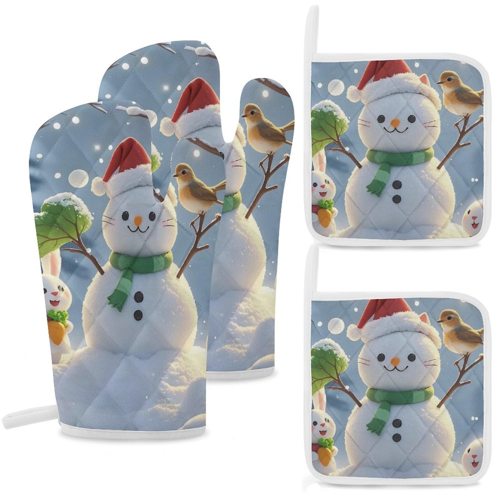 Gants de cuisine et maniques résistants à la chaleur - Lot de 4 antidérapants chat et bonhomme de neige