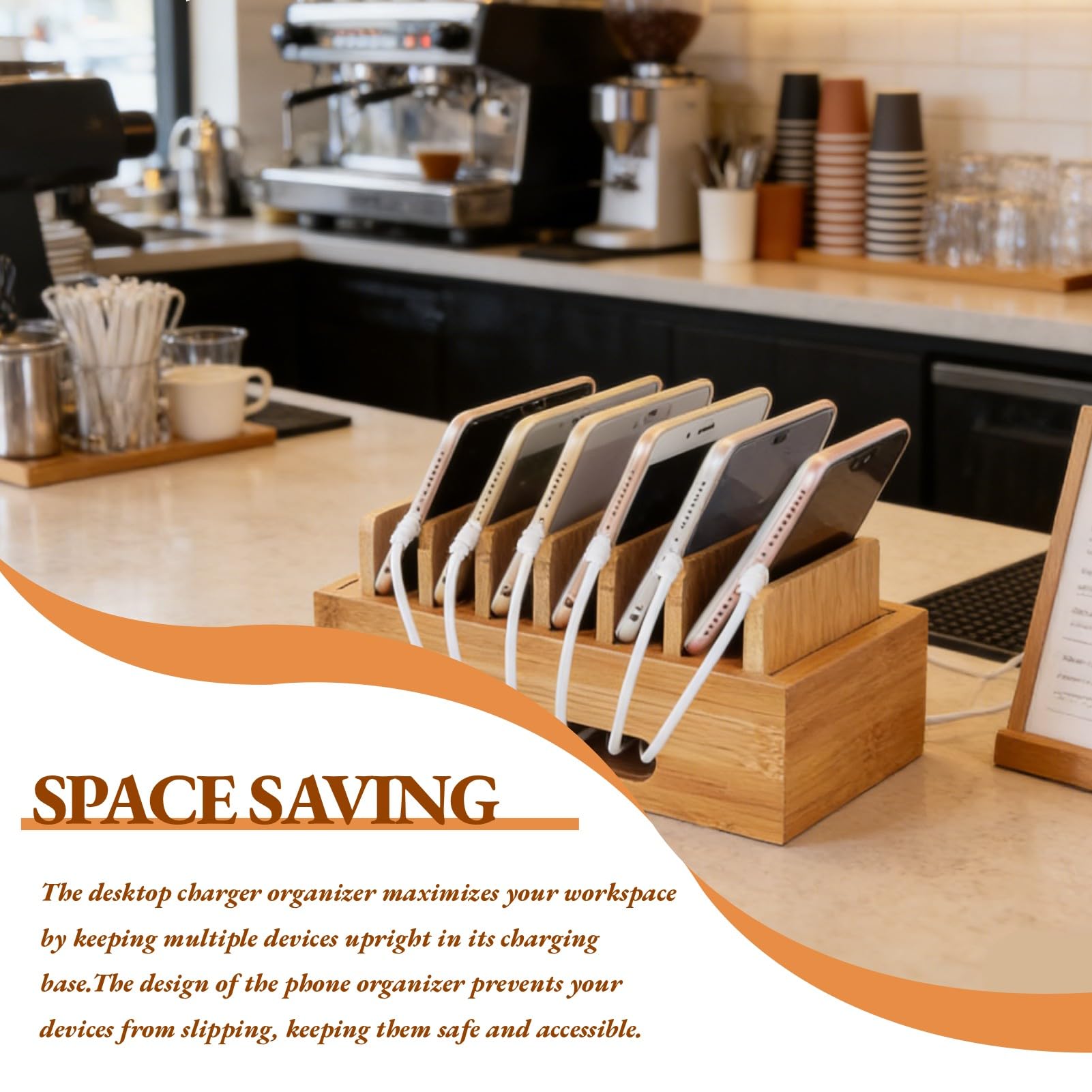 Stazione di ricarica in legno, 6 porte Multi Device Organizzatore di docking cellulare Stato di archiviazione per tablet per smartphone