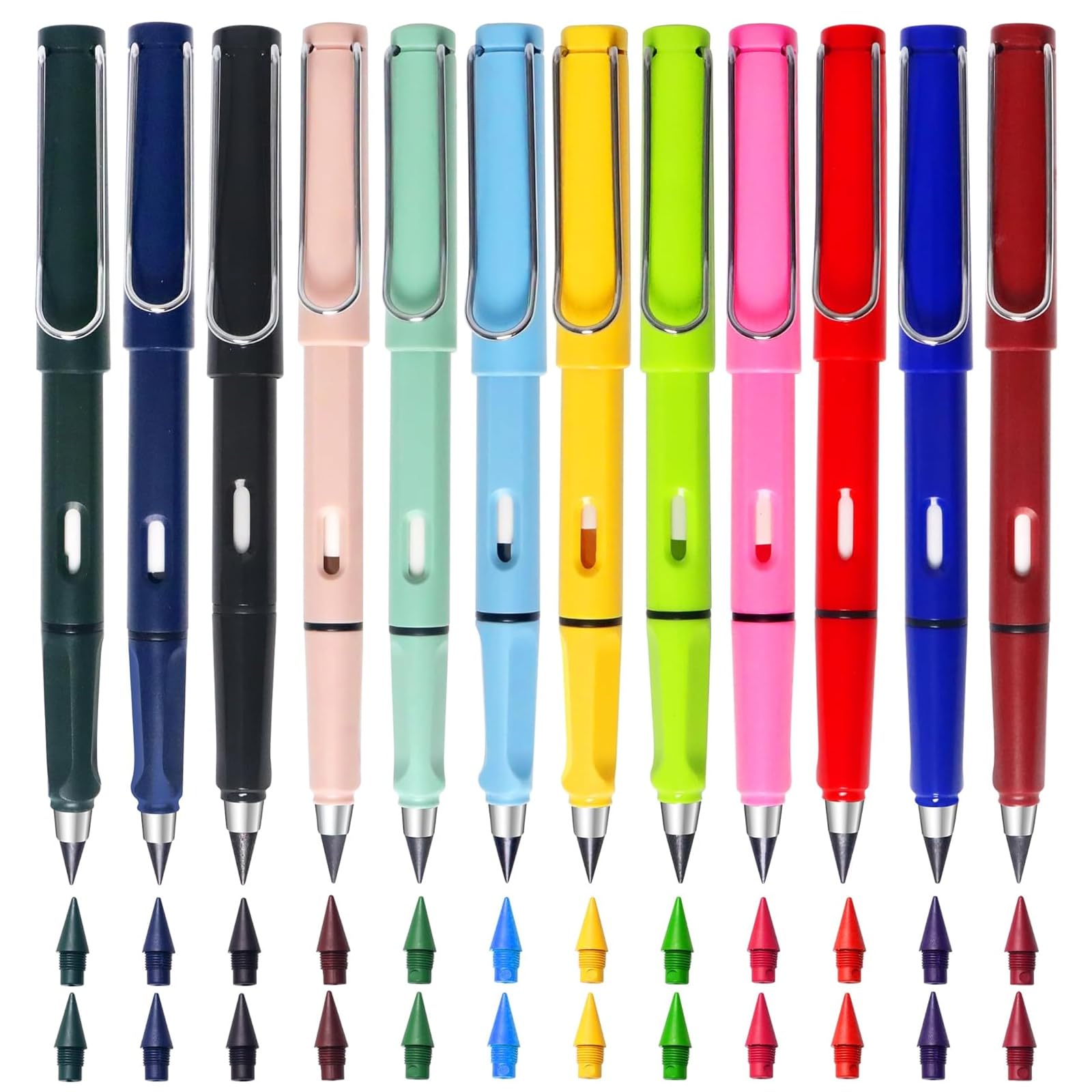 ZhouWei 12 Piezas Colores Lápiz Infinito, Lapiz Eterno Reutilizable Viene con 24 Puntas de Repuesto, Lapiceros de Colores Sin Tinta, para Estudiantes Escuelas Oficina Bocetos Dibujo