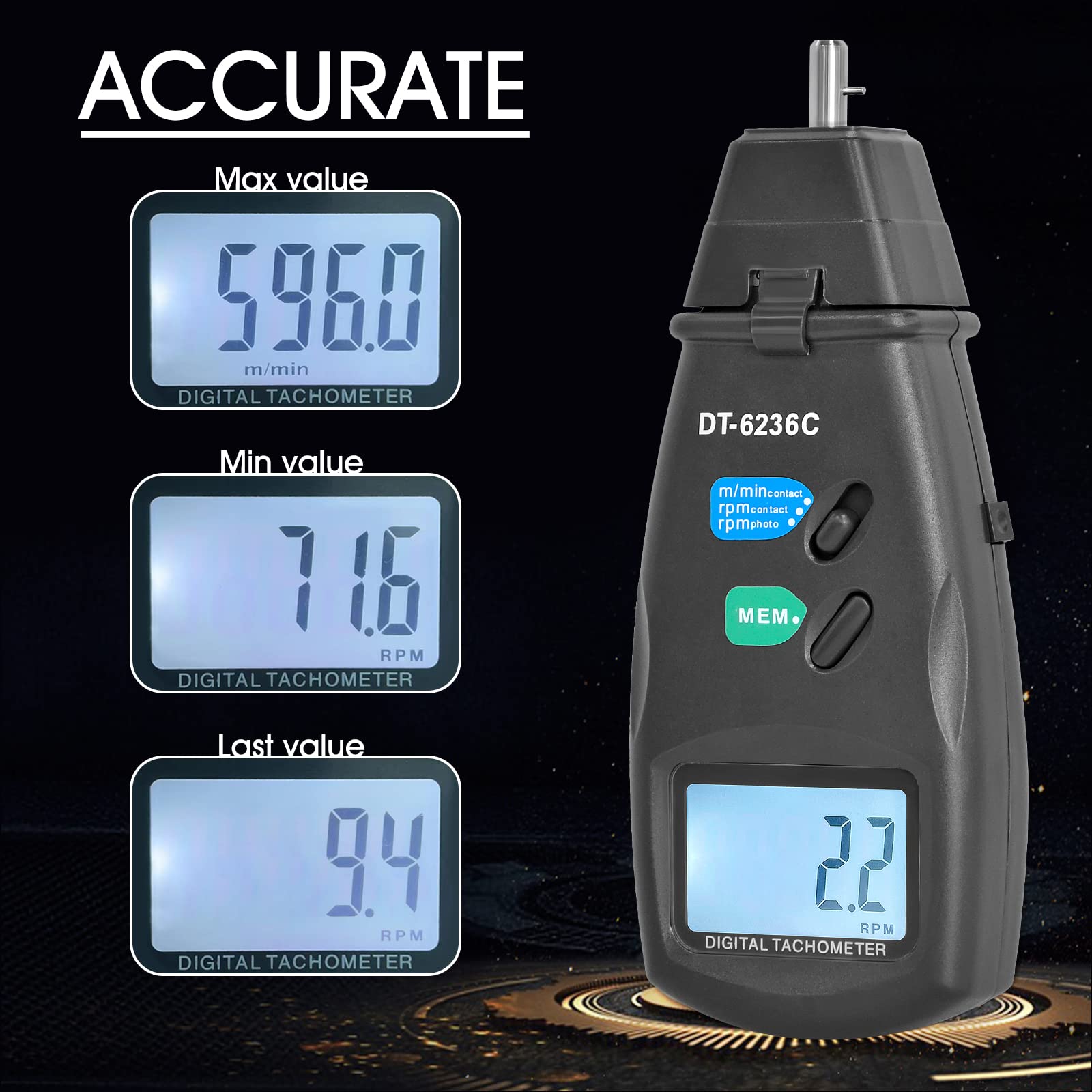 Tachimetro digitale tachimetro fotografico laser, tachimetro a contatto GR-6236C con funzioni di blocco dati Max/Min/AVG Misuratore velocità di rotazione fotografico con nastro riflettente